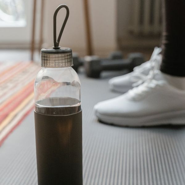 Water bottle on a clean mat
